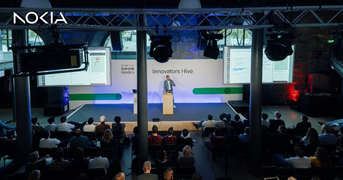 Lauri Alho delivering a keynote at Google Cloud Summit Nordics in Stockholm, showcasing Nokia and Google Cloud collaboration and the integration of Gemini chatbot with Nokia's Network as Code developer Portal.