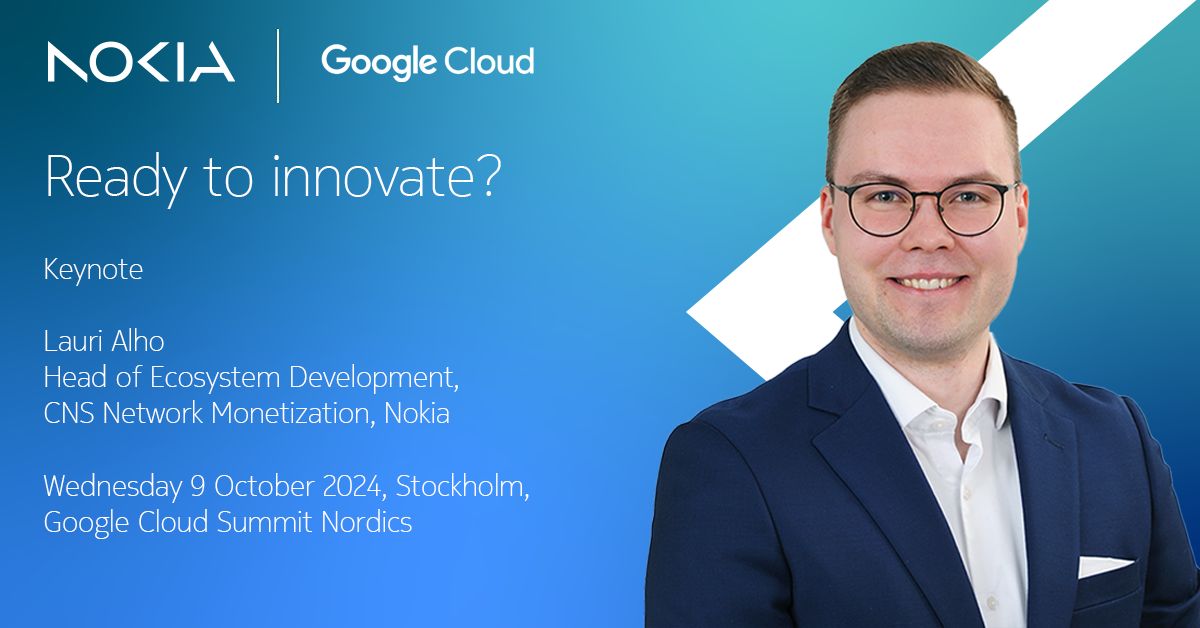 Lauri Alho, Head of Ecosystem Development at Nokia, delivering a keynote on innovation at the Google Cloud Summit Nordics in Stockholm.